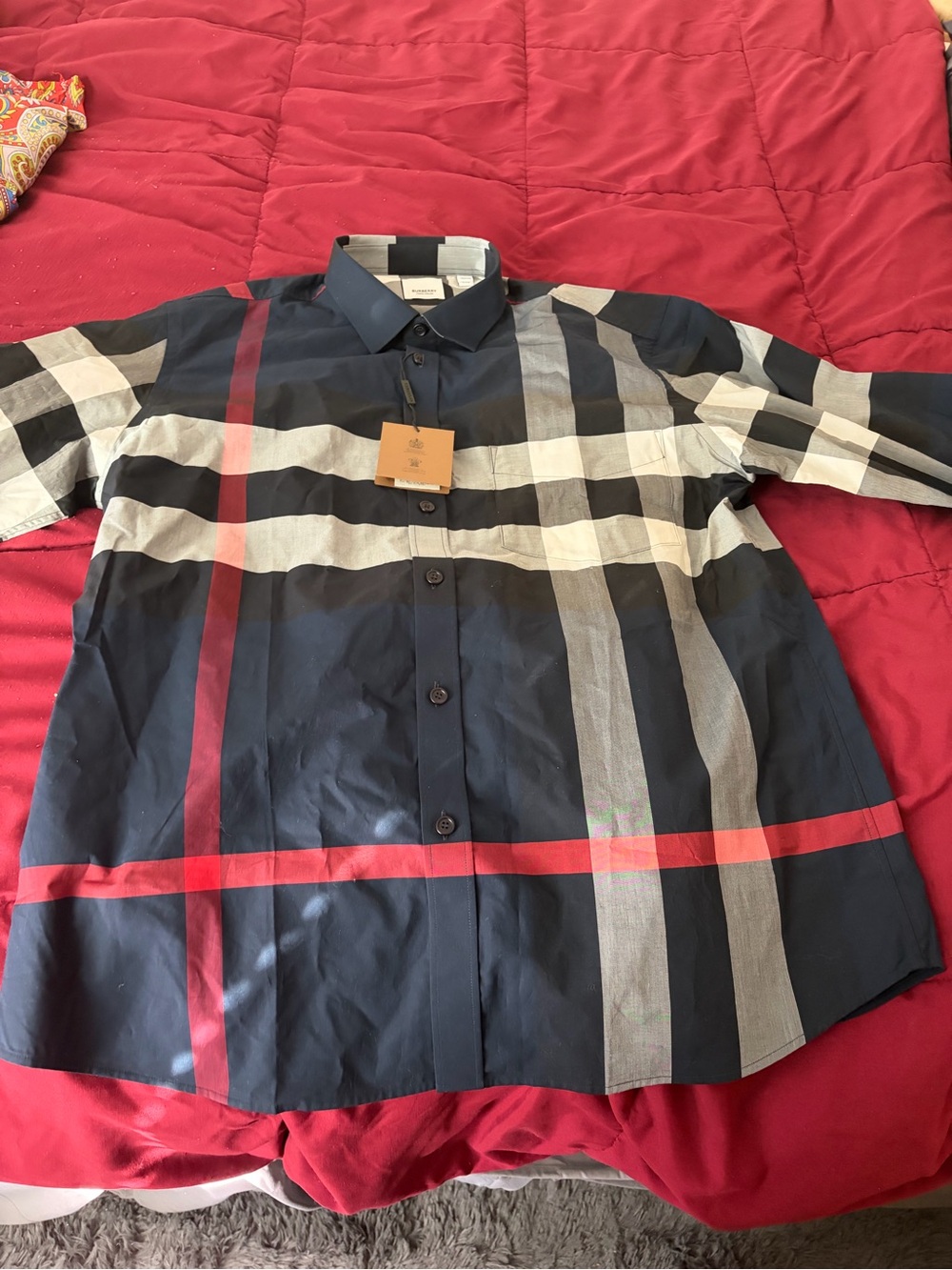 Burberry Navy, White and Red Plaid Long Sleeve Button-Down Shirt
